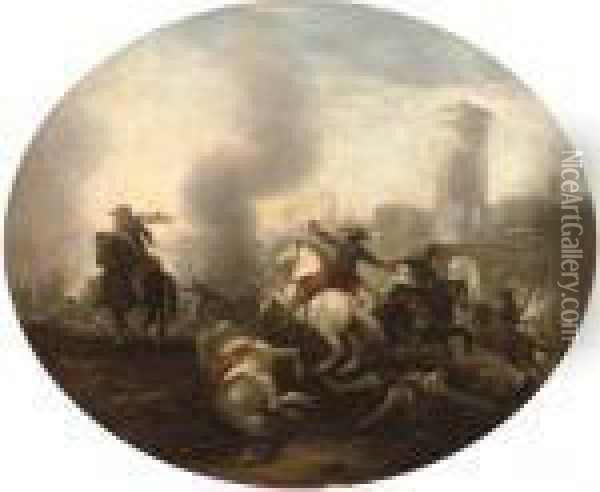 A Cavalry Battle Before A Castle Oil Painting - Francesco Simonini