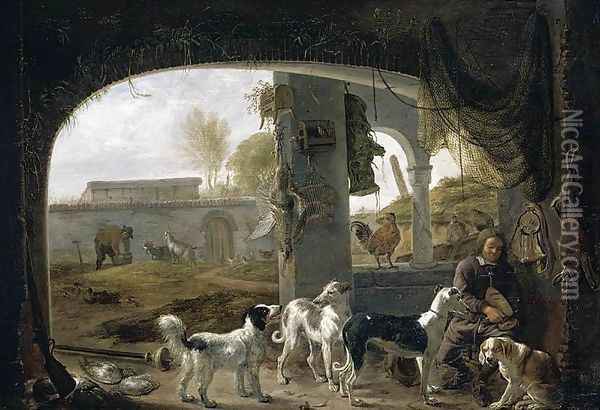 Huntsman Feeding His Dogs c. 1652 Oil Painting - Cornelis Saftleven