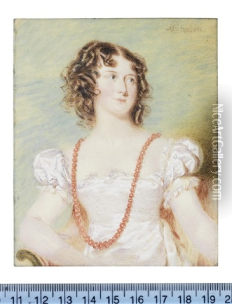 Lady Mary Seymour Nee Gordon (d.1825)), Seated On An Upholstered Chair And Wearing White Decollete Dress Oil Painting - Alfred Edward Chalon