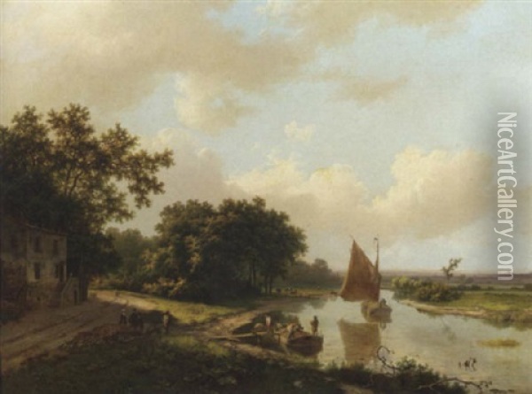 An Extensive River Landscape With Figures Unloading A Stone Transport Oil Painting - Marinus Adrianus Koekkoek