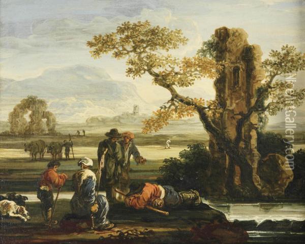 An Italianate Landscape With Herdsmen Resting Near A Ruinedtower Oil Painting - Francois de Nome (Monsu, Desiderio)