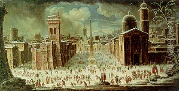 A Capriccio Of A Piazza With A Carnival In Winter Oil Painting - Orazio Grevenbroeck