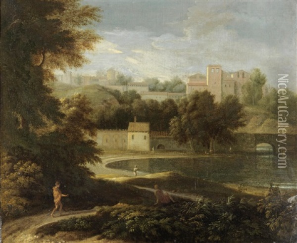 Figures Walking By A Lake, With A Fortified Village Beyond Oil Painting - Gaspard Dughet