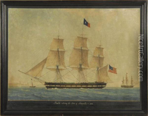 Portrait Of The American Three-masted Ship Oil Painting - Joseph Honore Maxime Pellegrin