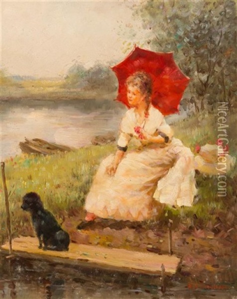 Lady With Red Parasol Oil Painting - Marguerite Rousseau