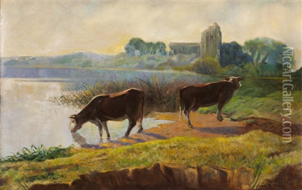 Landscape With Cattle Oil Painting - Julio Ramos