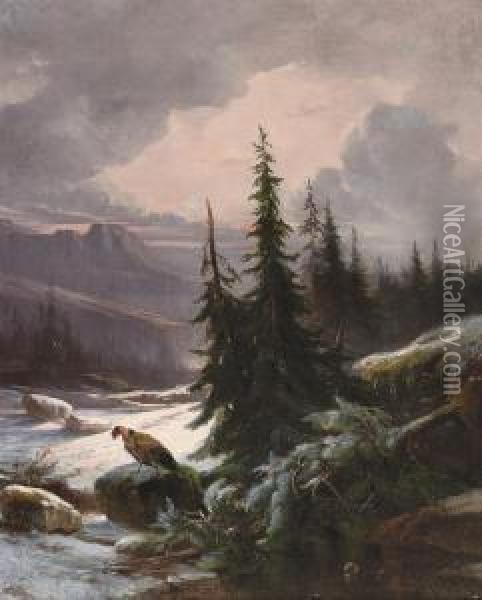 Bird Of Prey In A Winter Landscape Oil Painting - Jacobus Pelgrom