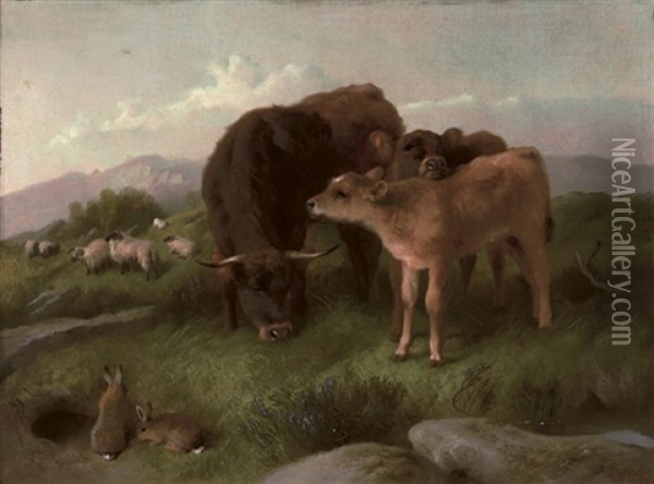 Cattle, Sheep And Rabbits On A Hillside Oil Painting - George William Horlor