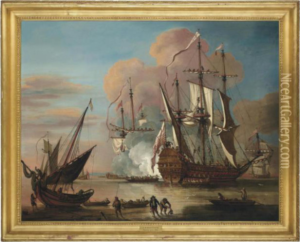 An Honourable East India Company Flagship Returning To Home Waters In Triumph Oil Painting - Johann Baptiste Bouttats
