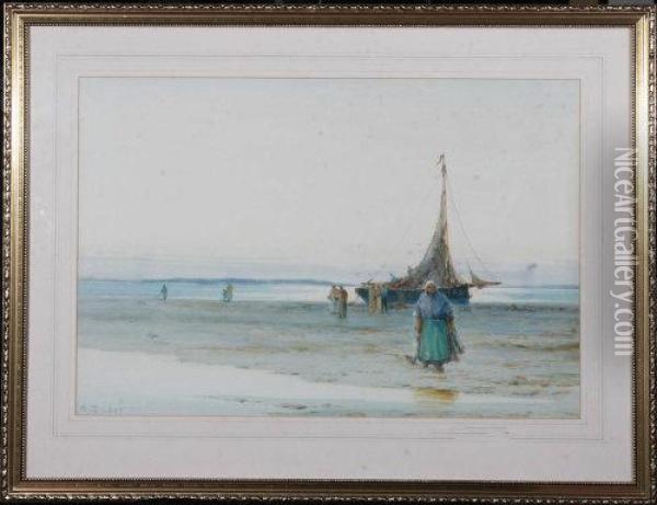 Fisherfolk And A Fishing Smack On A Continental Beach Oil Painting - William John Baker
