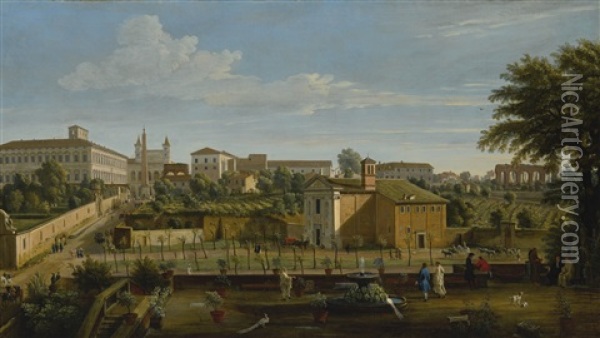Rome, A View Of The Church Of Santi Marcellino E Pietro, From The Vigna Ciccolini, With The Palazzo Laterano, The Church Of San Giovanni In Laterano, The Ospedale Di San Giovanni And Ruins Of The Claudian Aqueduct Beyond Oil Painting - Gaspar van Wittel