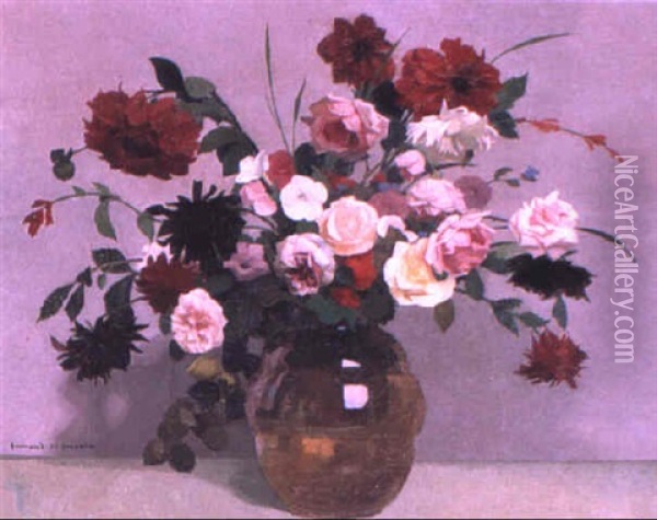 Still Life With Flowers And Grey Background Oil Painting - Lucien Victor Guirand De Scevola