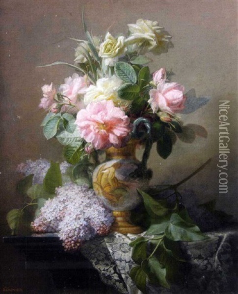 Vase De Fleurs Pose Sur Un Entablement Oil Painting - Jean Marie Reignier