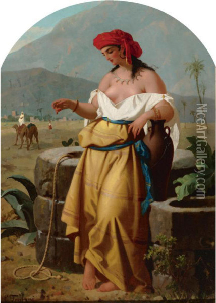 A Young Hay Gatherer And A Water Carrier By The Fountain Oil Painting - Enrico Fanfani