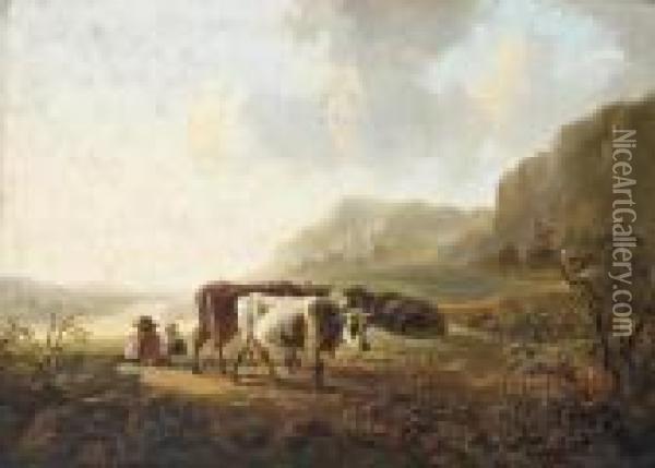 Drovers And Their Herd At Rest On The Bank Of A River Oil Painting - Jacob Van Stry