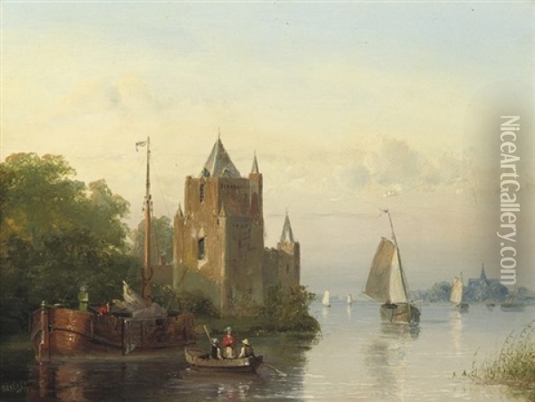 Shipping By A Riverside Castle Oil Painting - Johannes Joseph Destree