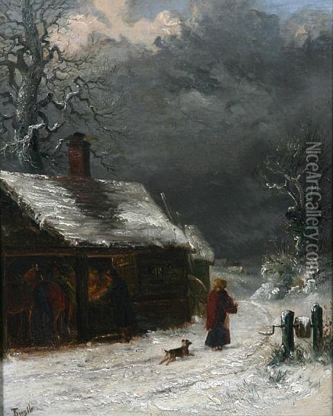 A Snow Laden Winter Scene With Stable To The Fore, A Lady And Dog On A Path Oil Painting - Thomas Smythe