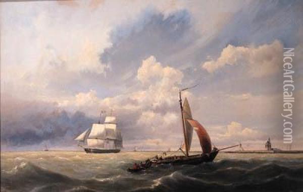 Shipping Off The Coast, With The Hoofdtoren, Hoorn Beyond Oil Painting - Hermanus Jr. Koekkoek