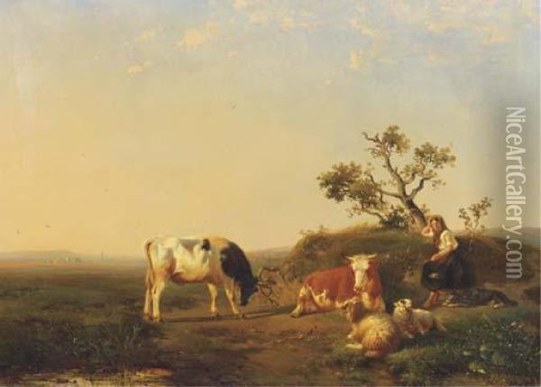 A Peasant Girl And Cattle Resting In A Landscape Oil Painting - Johan Daniel Koelmann