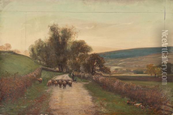 Schafer Fuhrt Seine Herde Von Der Weide Oil Painting - Henry Charles Fox