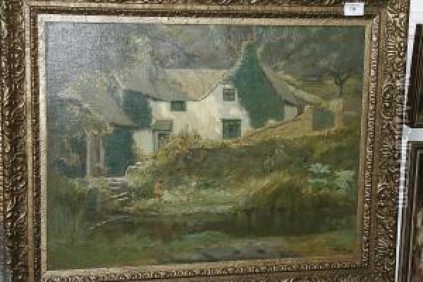 View Of A Cottage And Pond Oil Painting - Augustus William Enness