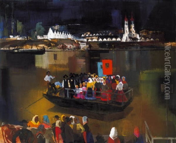 Kompatkeles A Tiszan (ferry Crossing Over The River Tisza) Oil Painting - Vilmos Aba-Novak
