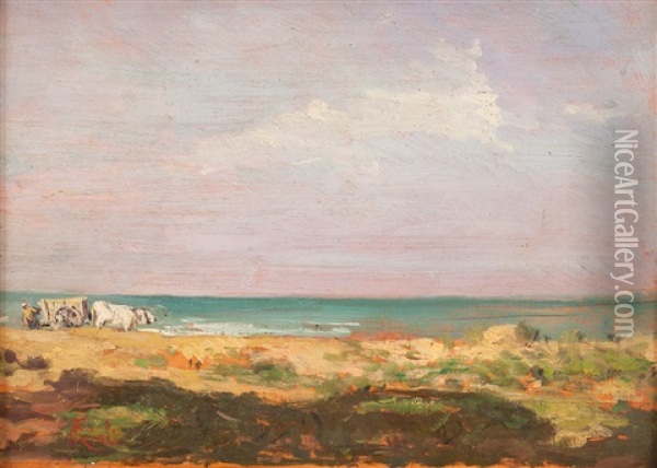 Contadino Con Buoi Sulla Spiaggia Della Maremma Oil Painting - Francesco Gioli