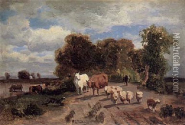 Kuhe Und Schafe Am Seeufer Oil Painting - Philipp Roeth