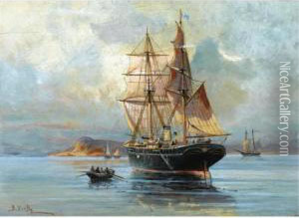Boats At Sea Oil Painting - Vassilios Chatzis