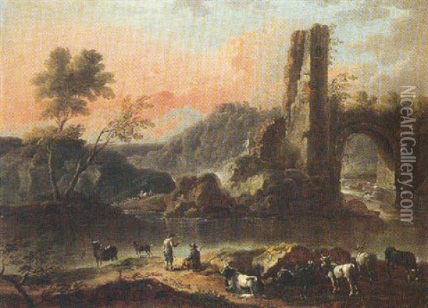 A River Landscape With Herdsmen Watering Their Cattle, A Ruined Arch Beyond Oil Painting - Cajetan Roos