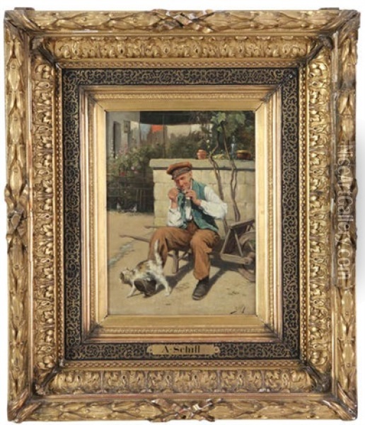 Homme A La Pipe Sur Chariot, Chat A Ses Cotes Oil Painting - Adolf Schill