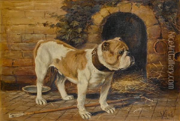 Bulldog By A Kennel Oil Painting - Raymond Dearn