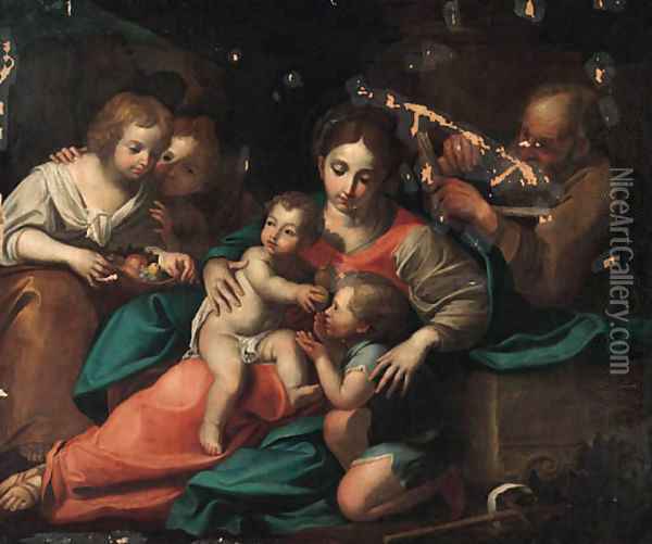 The Holy Family with Saint John the Baptist and two Attendants carrying Fruit Oil Painting - Italian School