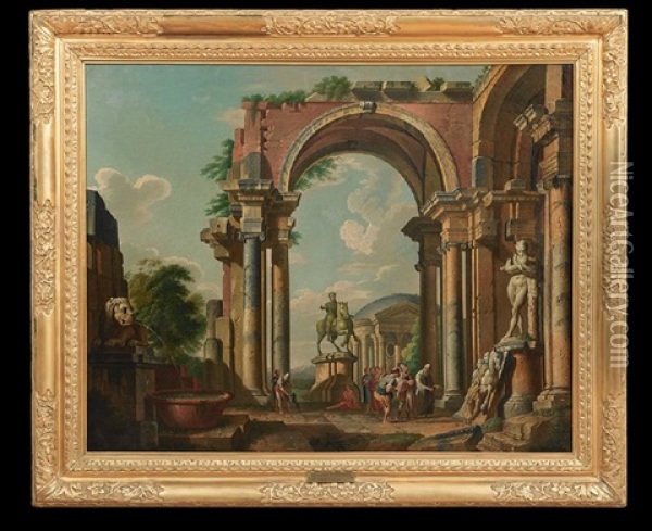 Architectural Capriccio With Statues Of Marcus Aurelius And Silenus With The Infant Dionysos Oil Painting - Giovanni Paolo Panini