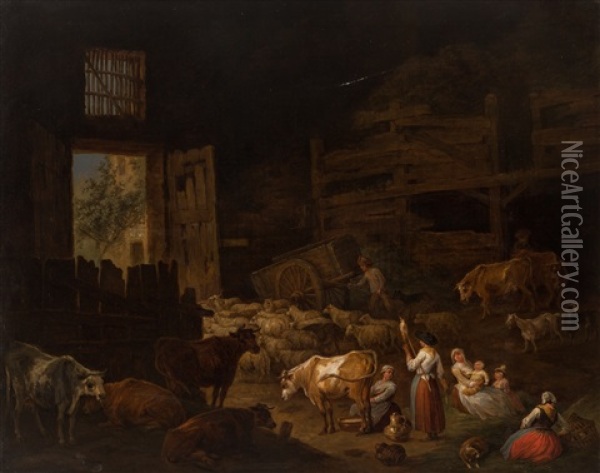 Cows, Sheep And Other Animals In A Barn Oil Painting - Jan Peeter Verdussen