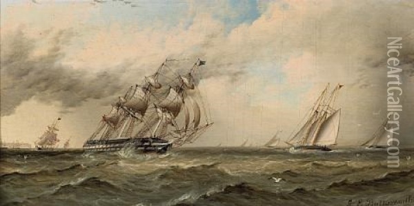 Sailing Vessels Rounding A Distant Headland Oil Painting - James Edward Buttersworth