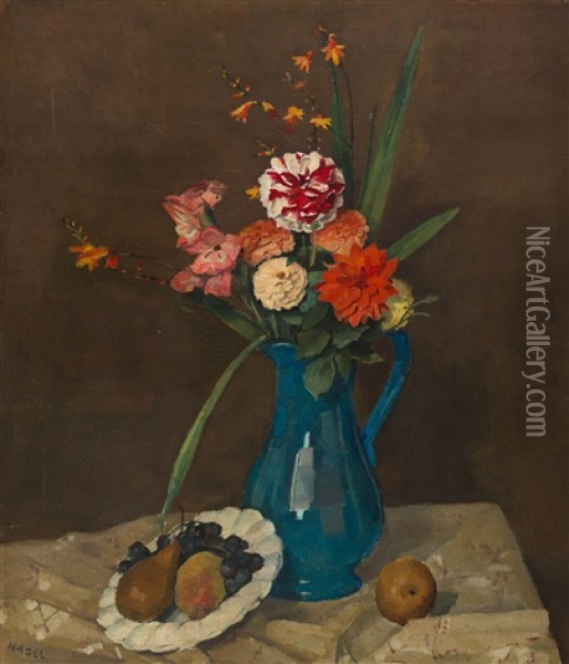Blumenstillleben Mit Obstteller Oil Painting - Alfred Hagel