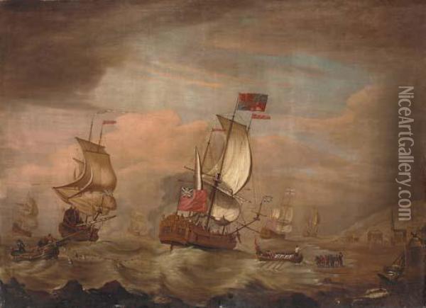 King George I Being Landed At Rye From The Royal Yacht Caroline, January, 1726 Oil Painting - Peter Monamy