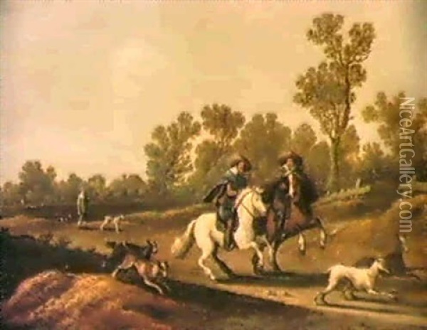 Zwei Galoppierende Reiter Auf                               Einem Feldweg Oil Painting - Pieter de Neyn