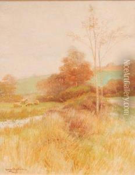Sheep Grazing In A Meadow Oil Painting - George Oyston