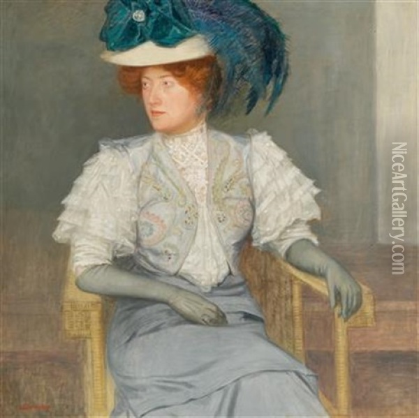 Portrait Of A Lady With A Green Feathered Hat And A Bow Oil Painting - Friedrich Koenig