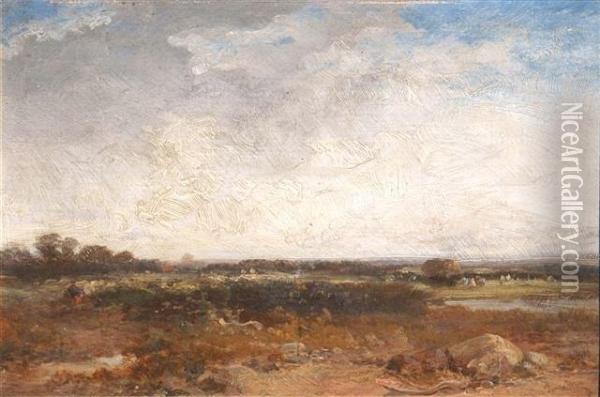 Landscape With Harvesting Oil Painting - James Webb
