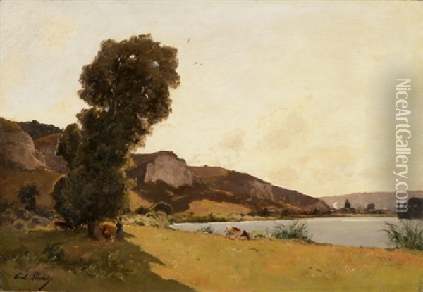 Sommerliche Flusslandschaft Mit Viehhirtin Oil Painting - Paul Lecomte
