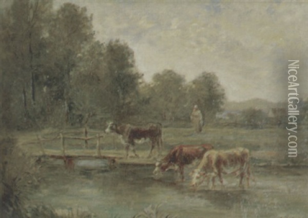 Landschaft Mit Vieh Am Teich Oil Painting - Charles Francois Pecrus