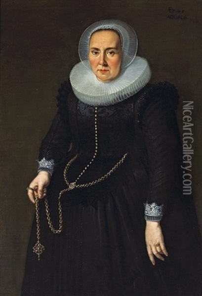 A Portrait Of A Lady, In A Black Dress With An Embroidered Bodice, Lace Cuffs And Collar, Holding A Large Gold Chain Oil Painting - Thomas De Keyser