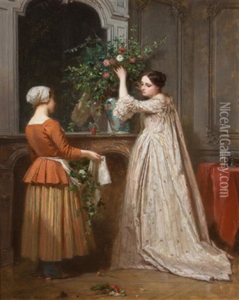 Arranging The Bouquet, 1853 Oil Painting - Antoine Emile Plassan