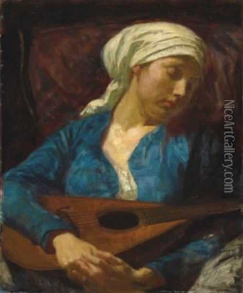 The Mandolin Player Oil Painting - Robert Anning Bell