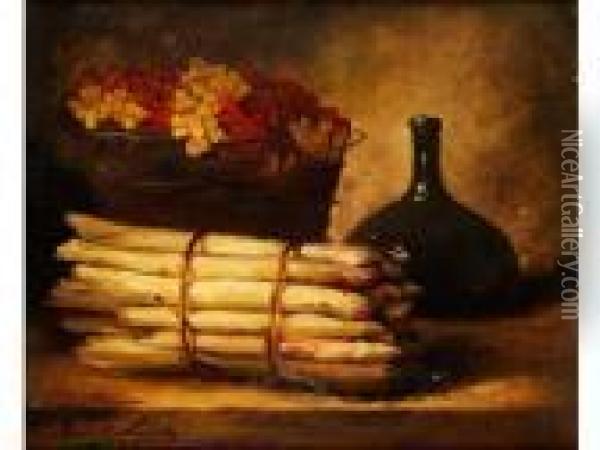 Stilleben Mit Spargelbundel Undjohannisbeeren Im Korb, Dahinter Weinflasche Oil Painting - Alphonse de Neuville