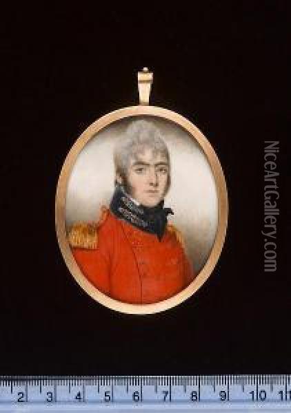 A British Staff Officer, Wearing Scarlet Coatee With Blue Collar And Gold Staff Pattern Lace, Gold Epaulettes With Red Strap And Tied Black Stock. Oil Painting - Nathaniel Plimer