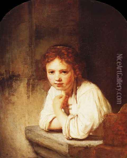 A Girl at a Window Oil Painting - Rembrandt Van Rijn